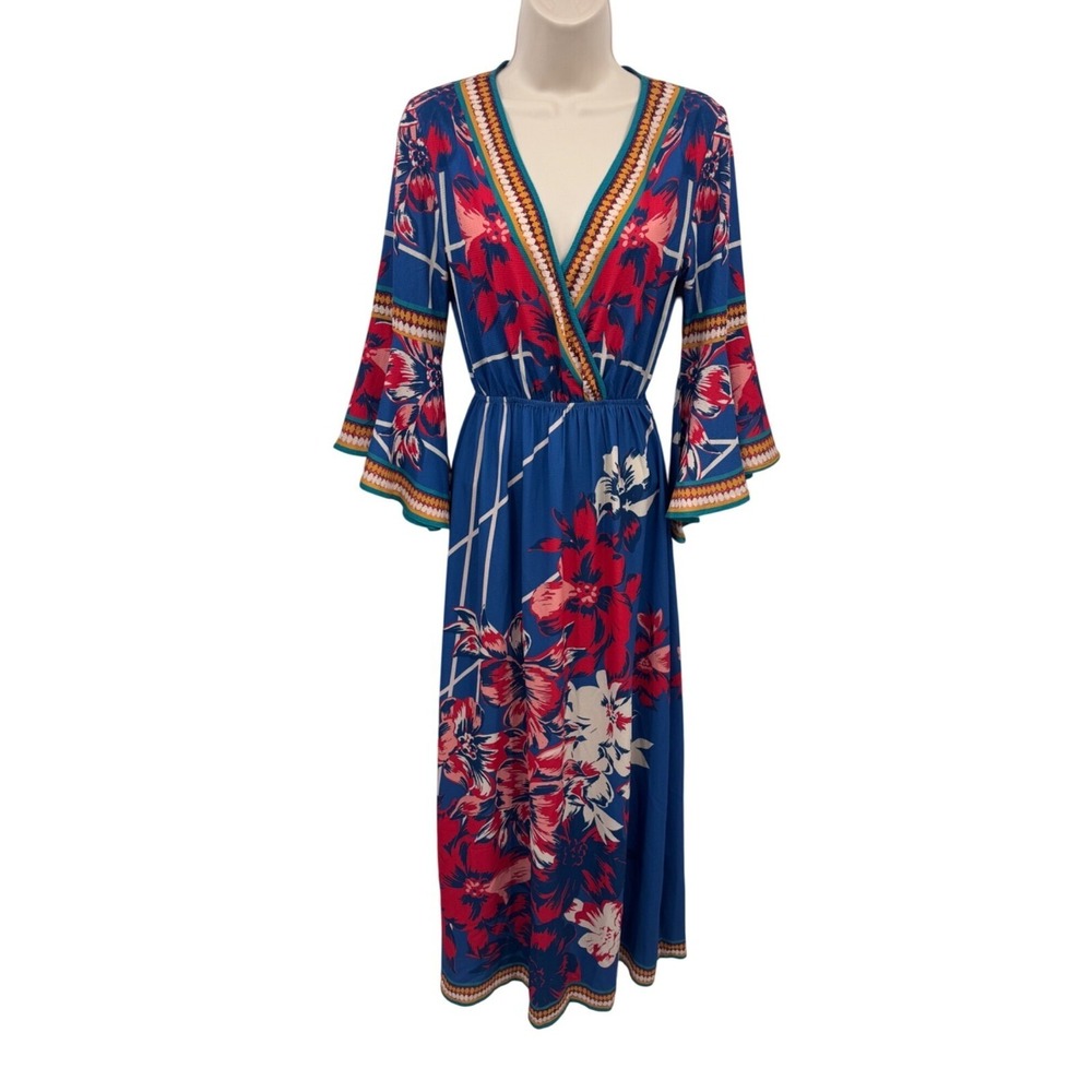 Flying Tomato Festival Maxi Dress XS Blue Floral Print Flare Sleeve Polyester - Picture 2 of 12